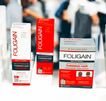 Տղամարդկանց համար նախատեսված FOLIGAIN TRIOXIDIL շամպունը, կոնդիցիոները և տեղային միջոցը՝ նարնջագույն և սպիտակ տուփերով։