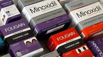 Մինօքսիդիլով և TRIOXIDIL-ով FOLIGAIN մազերի խնամքի տարբեր միջոցներ՝ տուփերով։