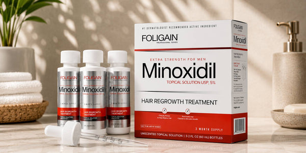 FOLIGAIN 5% մինօքսիդիլի եռամսյա պաշարը՝ երեք շշով, տուփով և կաթոցիկով։