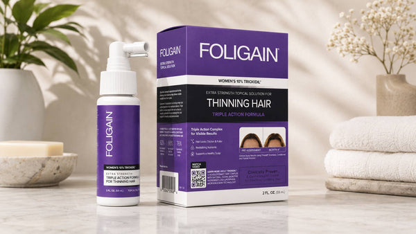 Կանանց համար նախատեսված FOLIGAIN տեղային միջոցը՝ 10% TRIOXIDIL-ով, շիշը և տուփը։