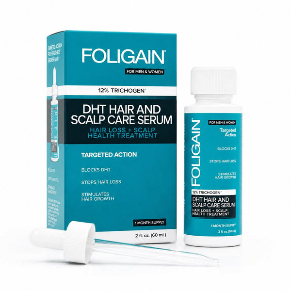 FOLIGAIN DHT մազերի և գլխամաշկի խնամքի շիճուկ՝ 12% TRICHOGEN-ով, 60 mL շիշը, տուփը և կաթոցիկը։